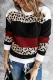 Wine Fiery Red Crewneck Leopard Color Block Knit Pullover Sweater
