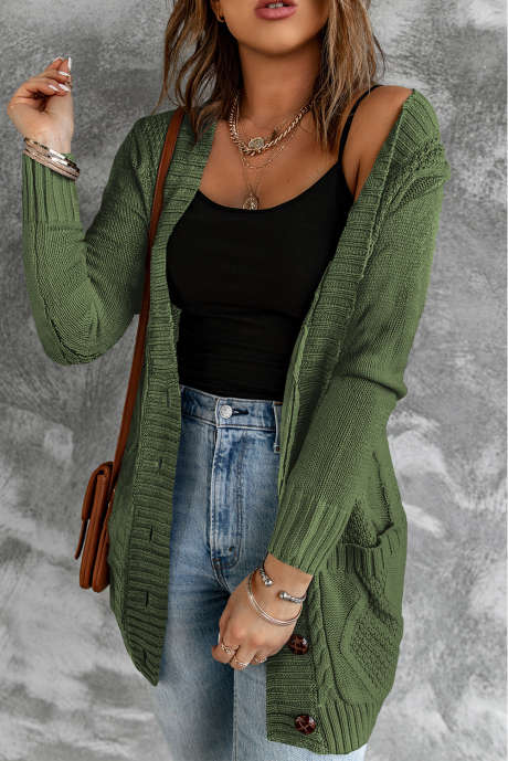 Bolso frontal verde e botões fecho Cardigan