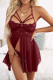 Red Lace Sheer Splicing Strappy Badydoll Set