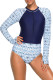Chic Print Zip High Neck Long Sleeve Rashguard Swimsuit