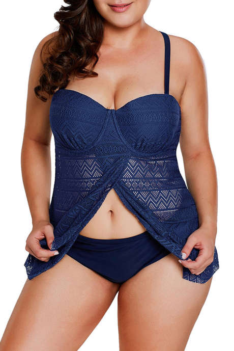 Marineblauer Lace Flyaway Underwired Tankini-Badeanzug in Übergröße