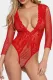 Fiery Red High Cut Deep-V Lace & Net Thong Back Teddy Lingerie