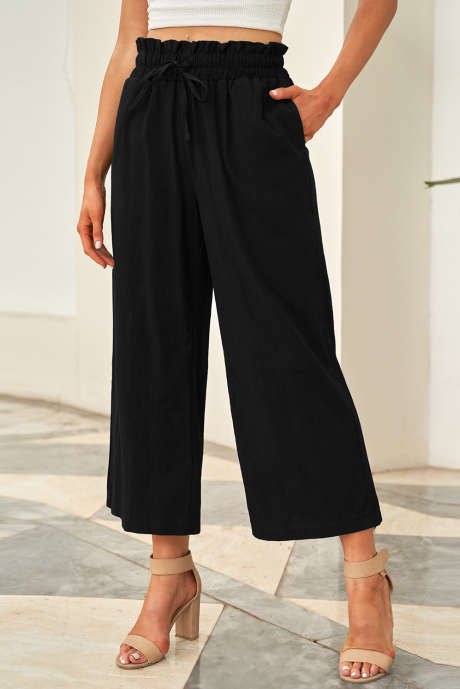 Black Paperbag Waist Straight Leg Cropped Pants LC771296-2