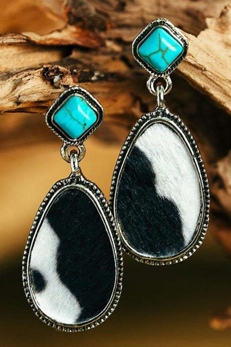 Black Cow Print Turquoise Drop korvakorut