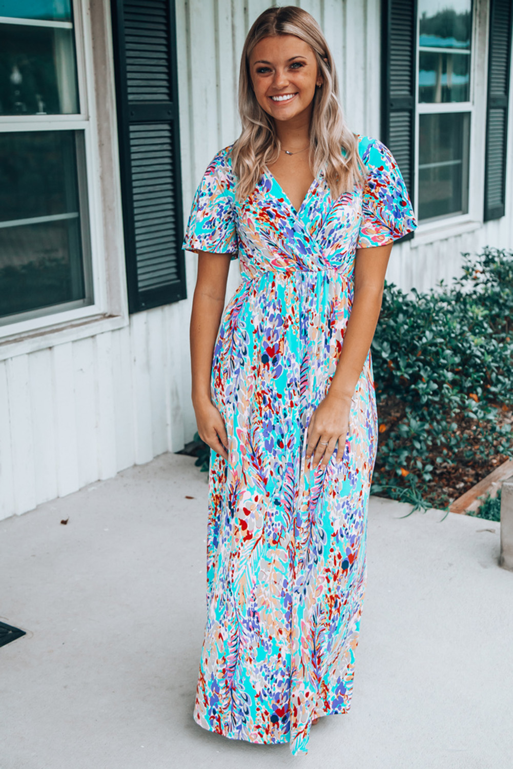 $7.98 Green Wrap V Neck Floral Maxi Dress, Floral Dresses Wholesale