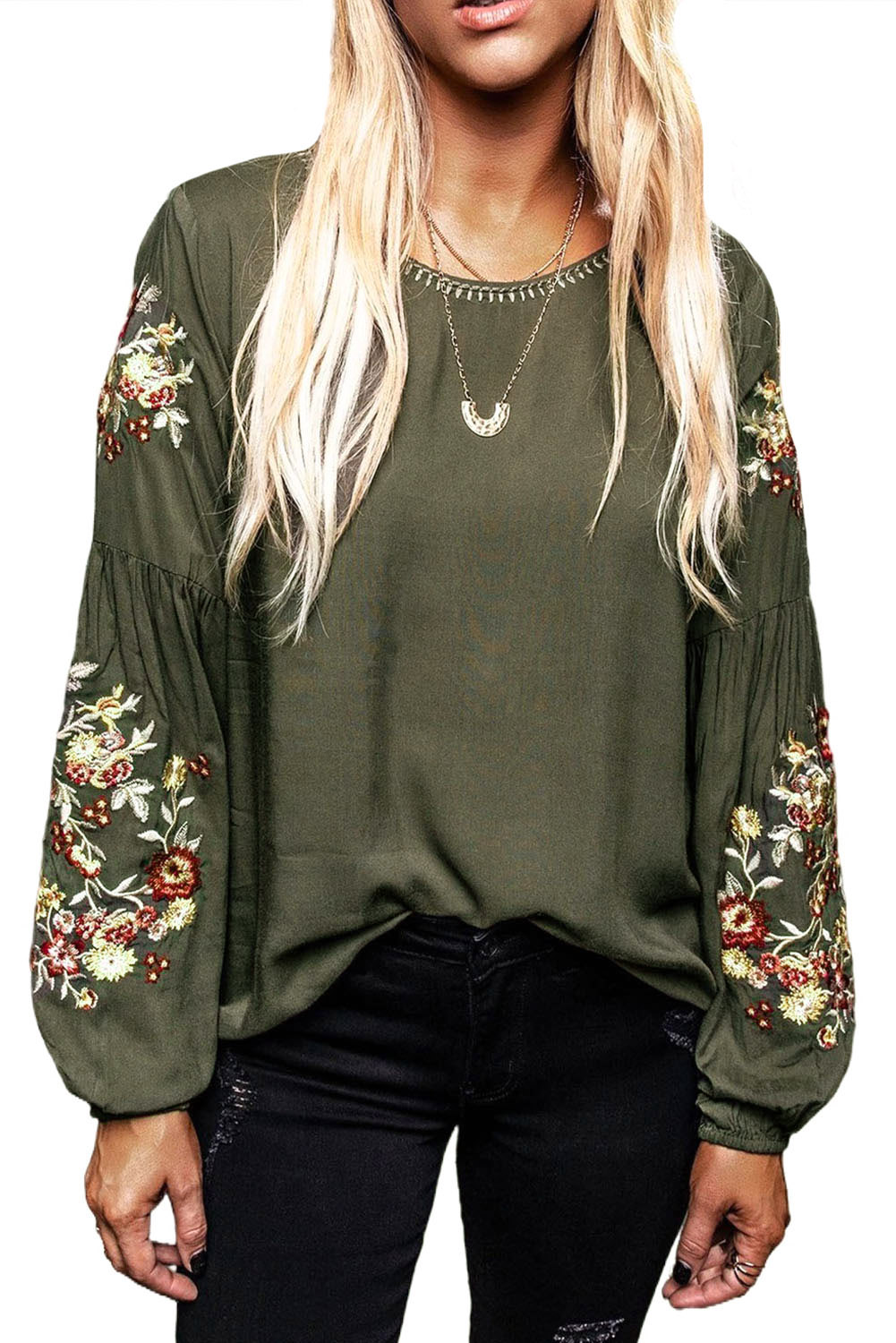 $9.7 Green Floral Embroidery Long Sleeve Top, Long Sleeve Tops Wholesale