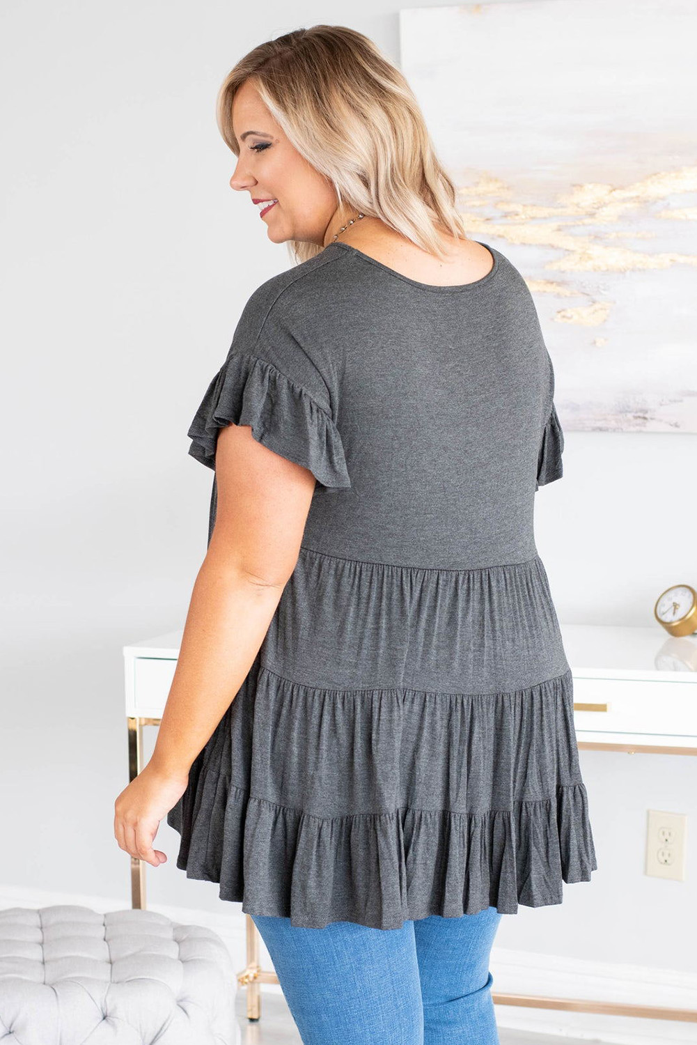 $8.6 Gray Tiered Ruffled Short Sleeve Plus Size Blouse Wholesale