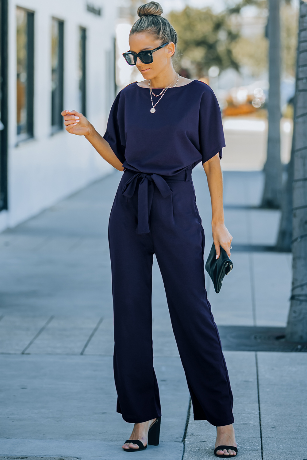 $8.6 Blue Oh So Glam Belted Wide Leg Jumpsuit Wholesale