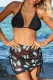 Black Halter Triangle Bikini with Drawstring Print Skirt