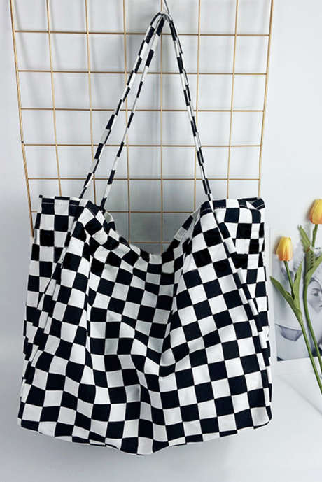 Black Checkerboard Large Capacity Shopping Bag