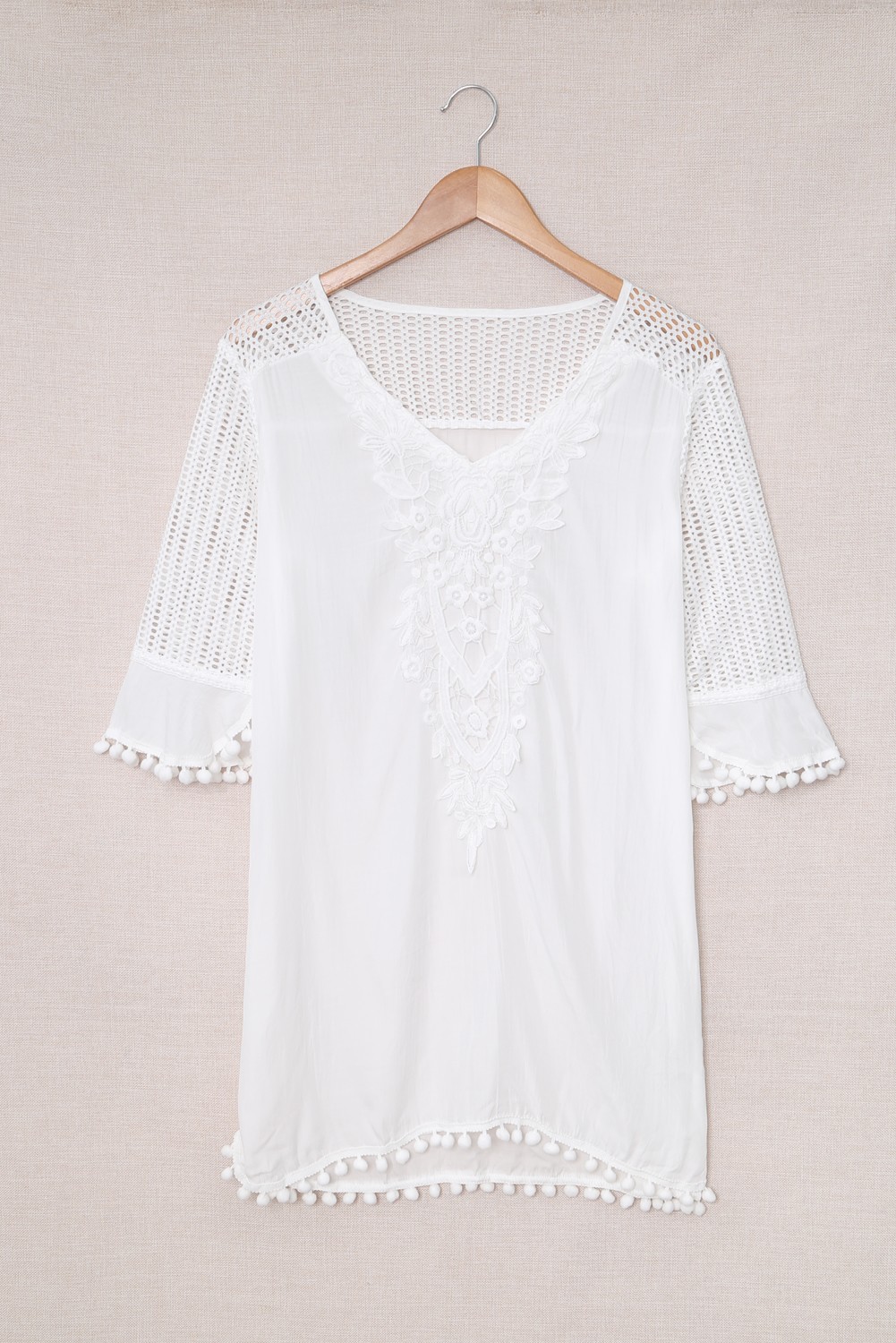 $6.6 White Crochet Pom Pom Trim Beach Tunic Cover up Wholesale