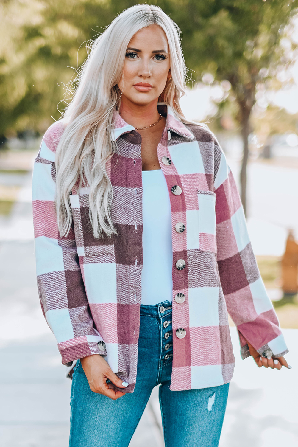 Women's Shacket - Plaid Color Block Buttoned Long Sleeve Jacket with Pocket