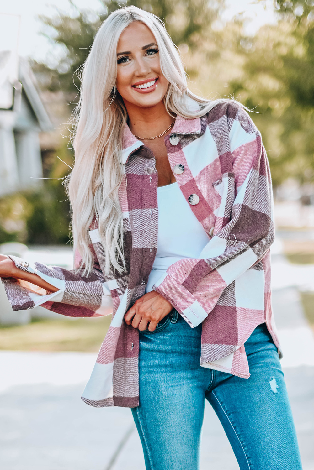 $10.6 Plaid Color Block Buttoned Long Sleeve Jacket with Pocket Wholesale