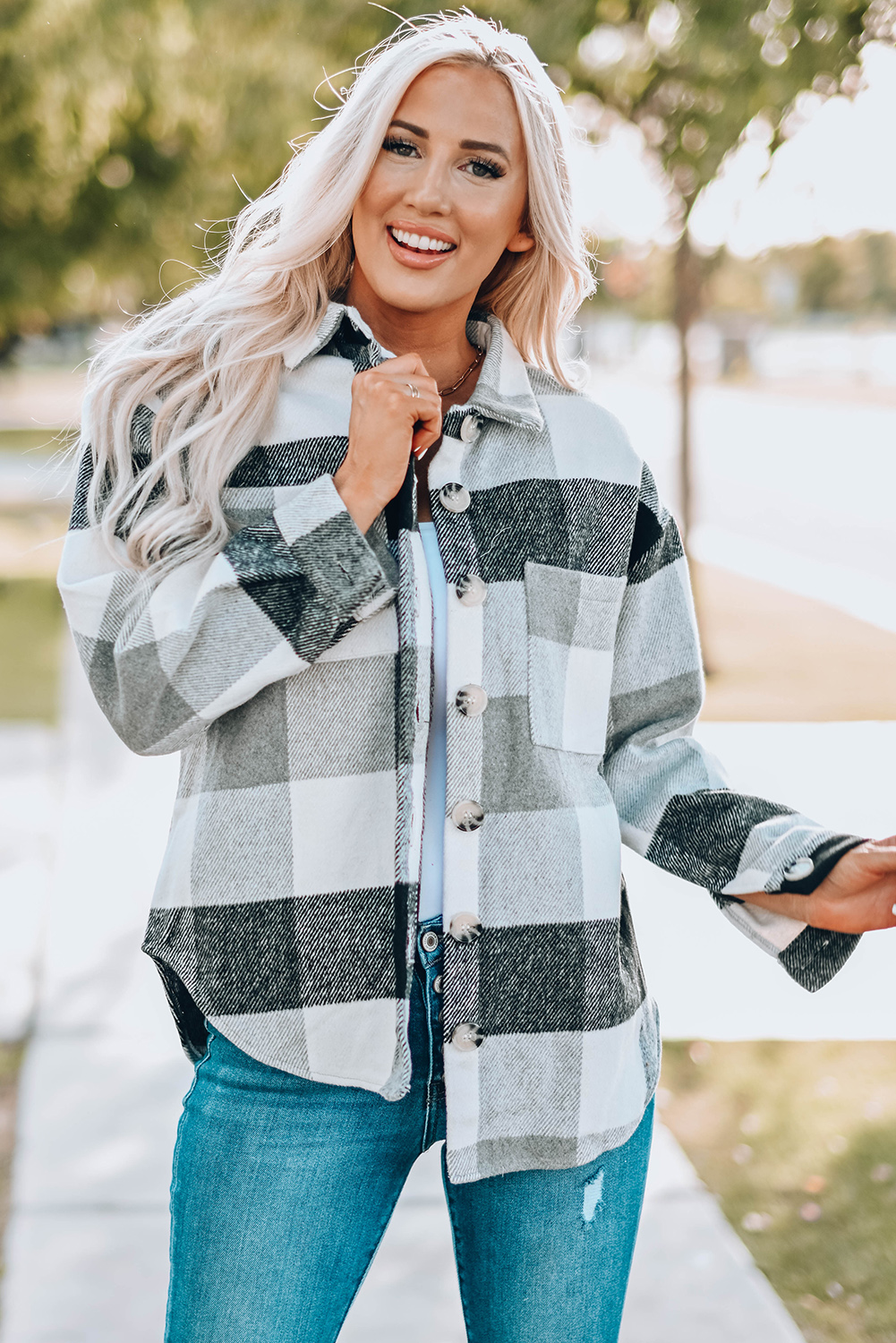 Women's Shacket - Gray Plaid Color Block Buttoned Long Sleeve Jacket ...