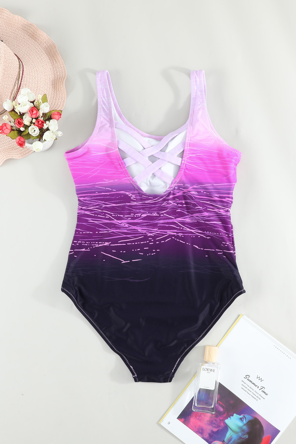 $6.98 Purple Gradient Criss Cross Back One Piece Swimsuit, One-Piece ...
