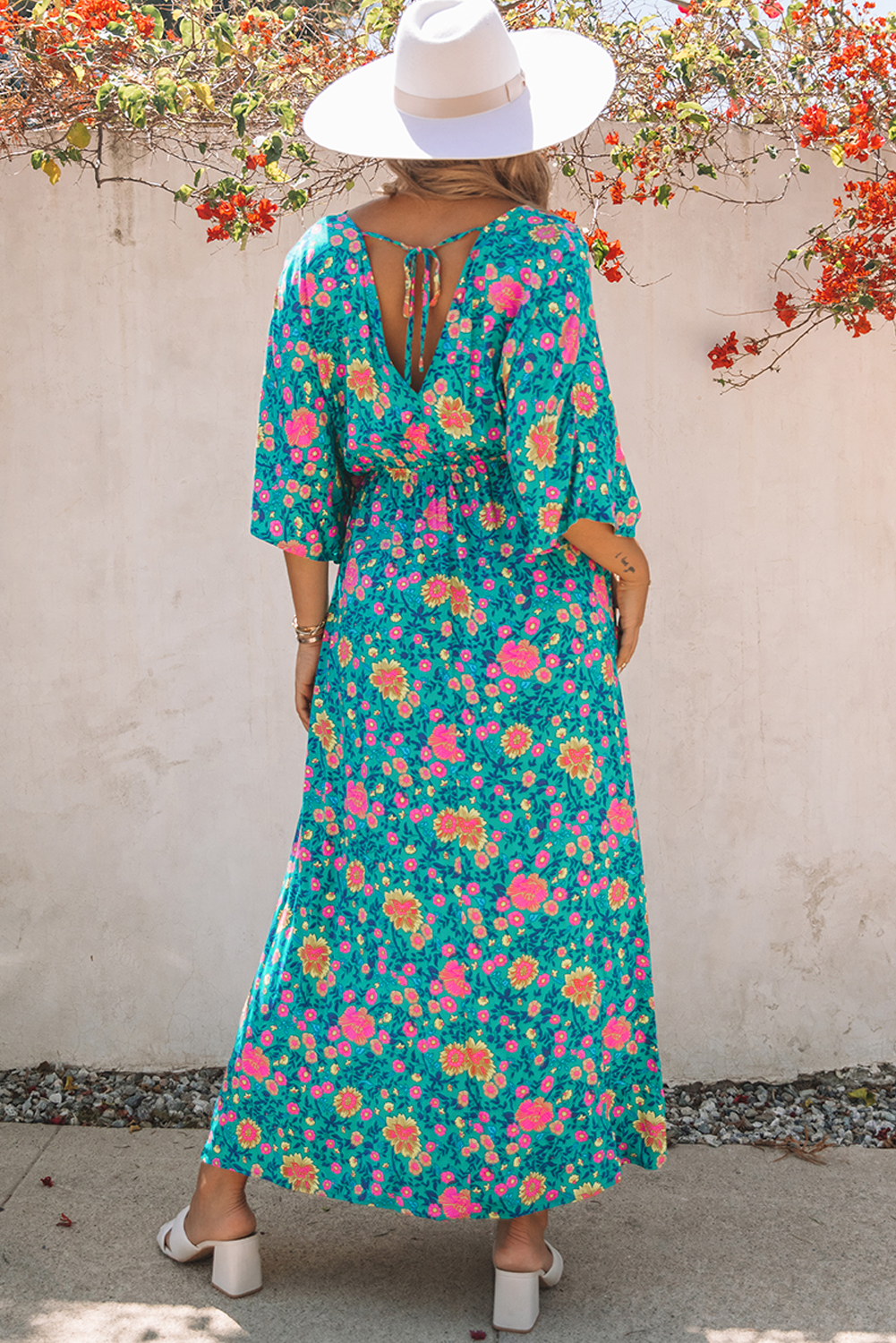 $9.6 Green Boho Deep V Neck Floral Maxi Dress Wholesale