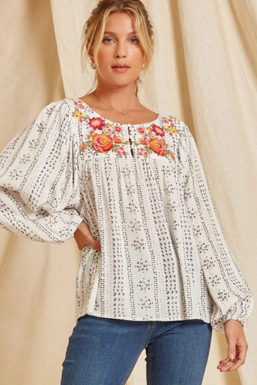 $8.6 Beige Long Sleeve Embroidered Print Blouse Wholesale