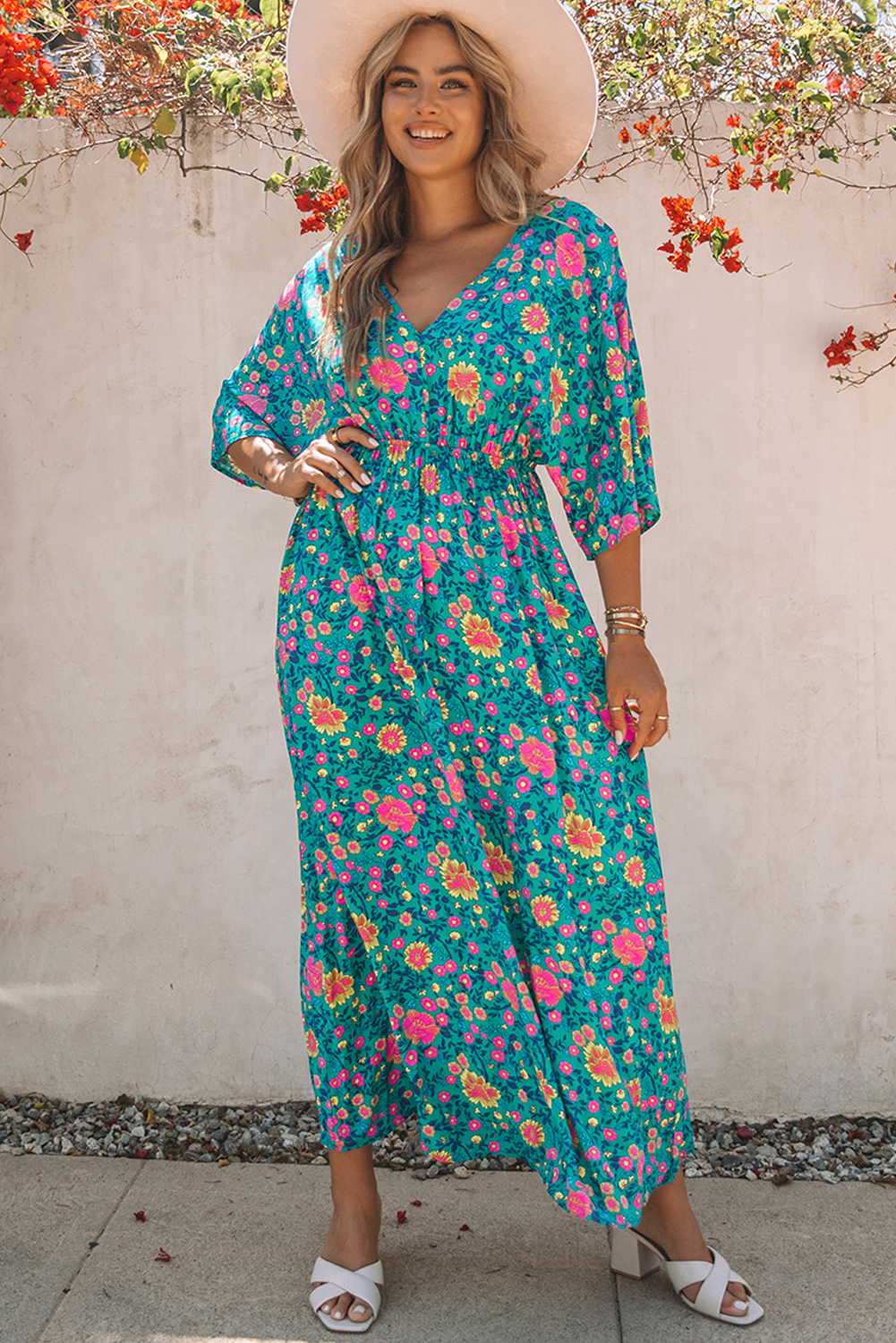 $9.6 Green Boho Deep V Neck Floral Maxi Dress Wholesale