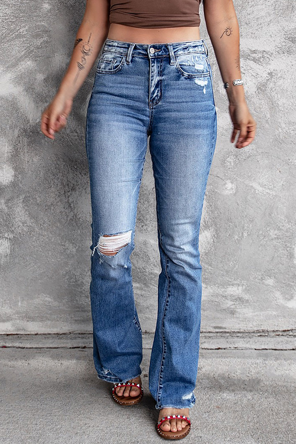 $12.98 Blue Distressed Flare Jeans Wholesale