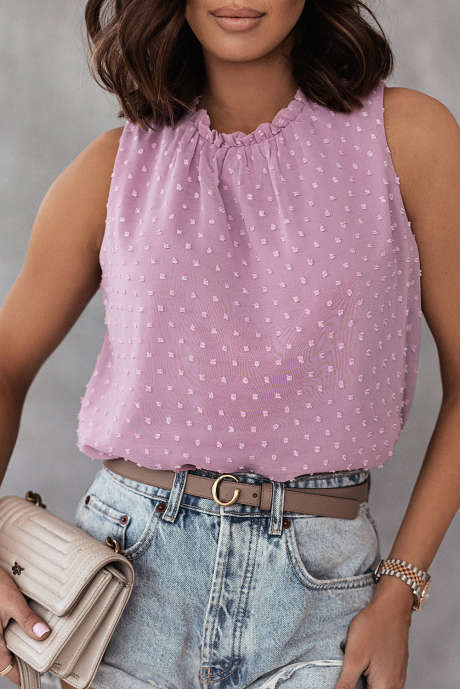 Pink Swiss Dot Sleeveless Ruffle Tank
