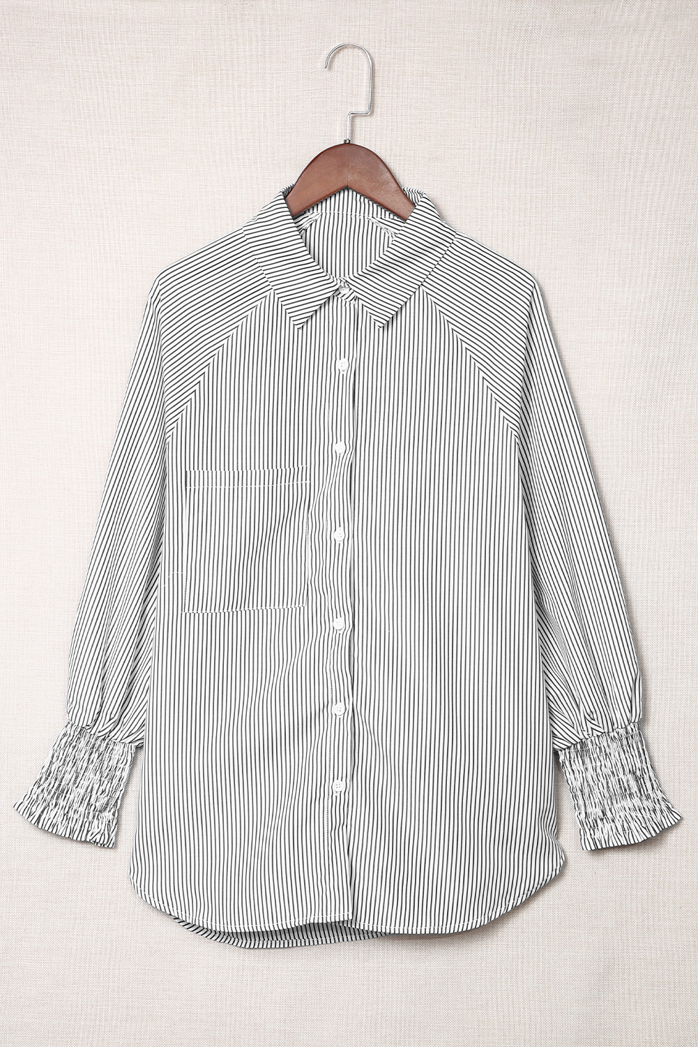 $7.6 Smocked Cuffed Striped Boyfriend Shirt with Pocket Wholesale