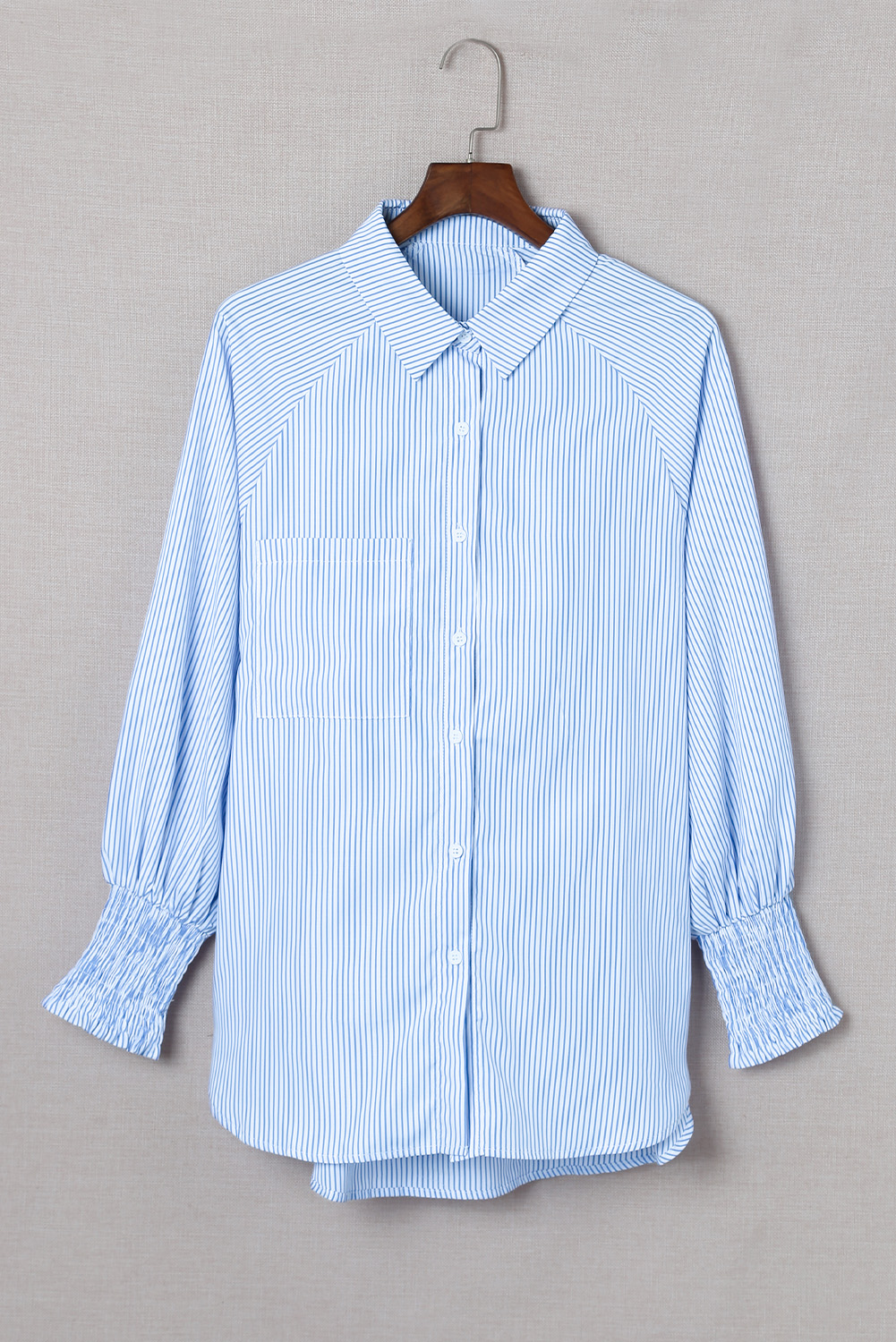 $7.6 Sky Blue Smocked Cuffed Striped Boyfriend Shirt with Pocket Wholesale