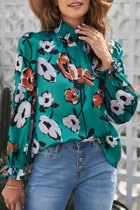Gesmokte blouse met opstaande kraag en bloemenprint