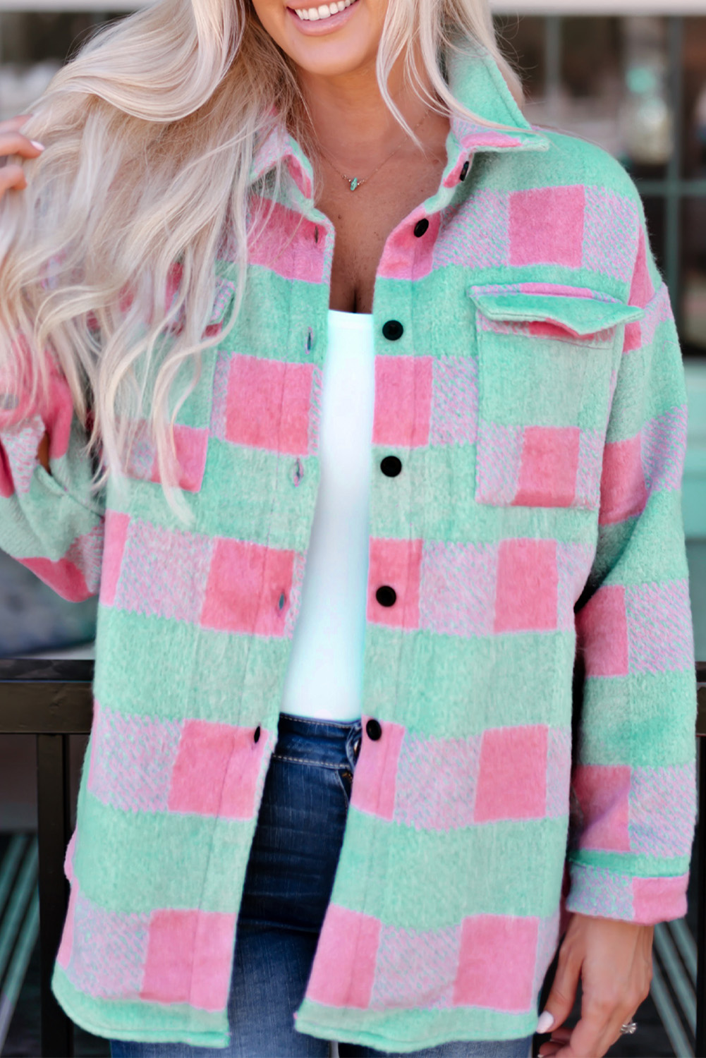 Women's Shacket Pink Plaid Pattern Oversized Shacket