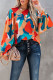 Многоцветная блузка с круглым вырезом и абстрактным узором с оборками и пышными рукавами