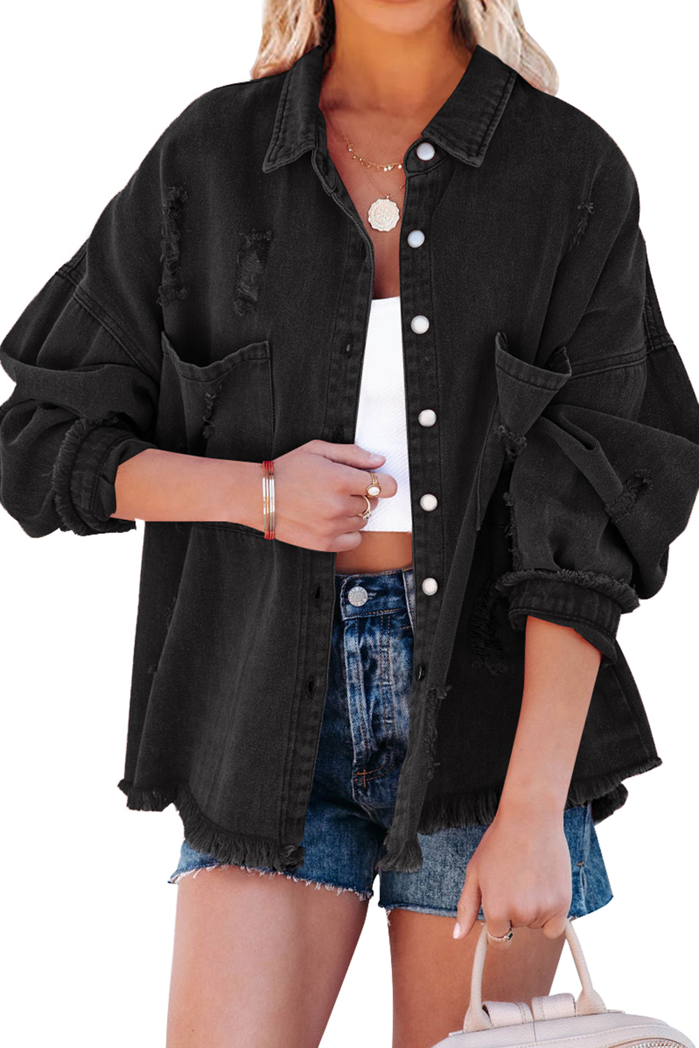 14.3 Black Distressed Fringe Trim Denim Jacket, Denim jackets Wholesale