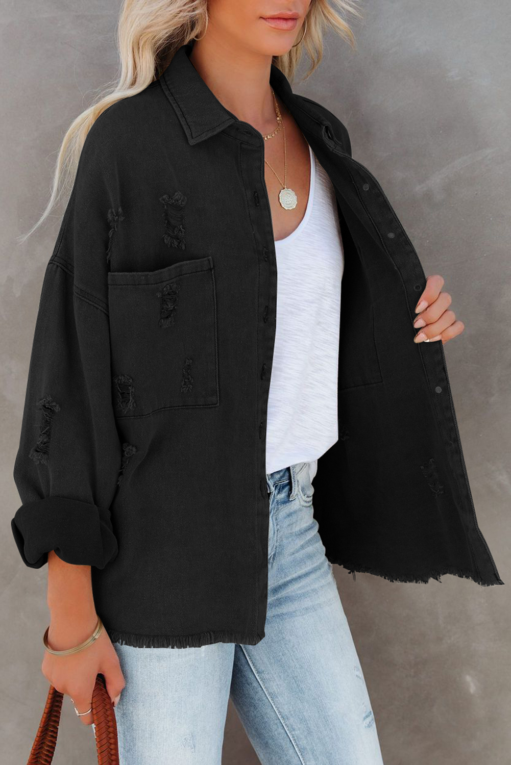 14.3 Black Distressed Fringe Trim Denim Jacket, Denim jackets Wholesale
