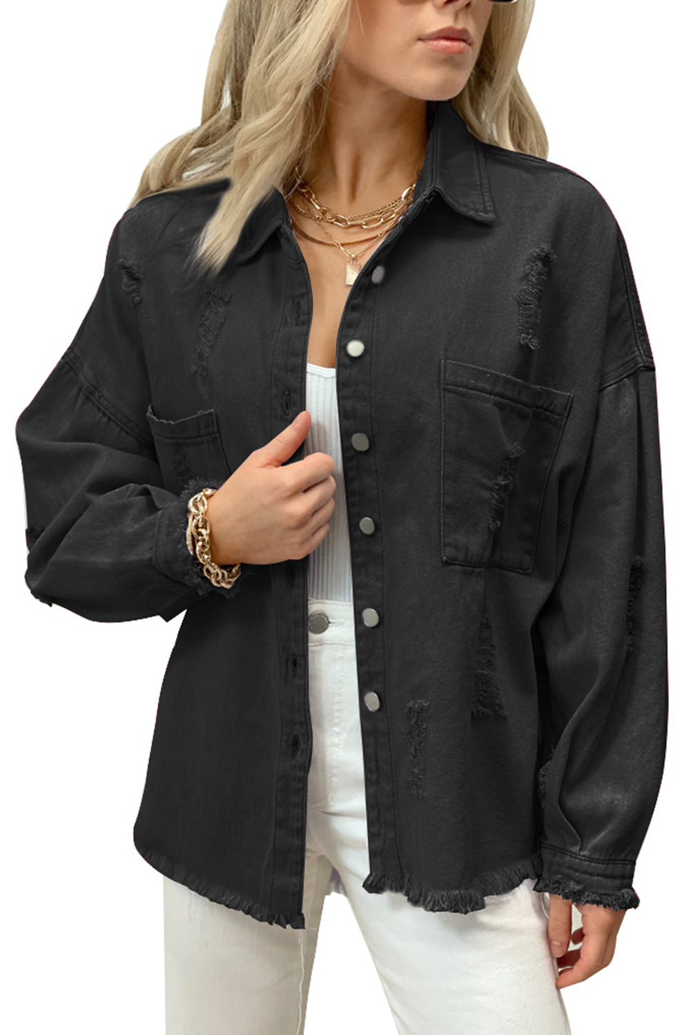 $14.3 Black Distressed Fringe Trim Denim Jacket Wholesale