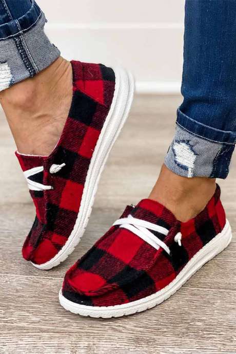 Zapatos planos con cordones a cuadros vintage rojo ardiente LC12290-3