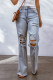 Jeans Sky Blue Acid Wash com lavagem ácida com bainha crua e jeans desgastados