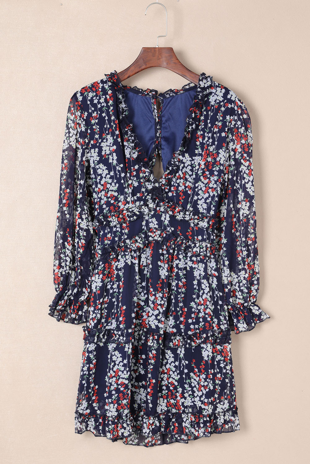 $12.98 Blue Ruffle Detailing Open Back Floral Dress Wholesale