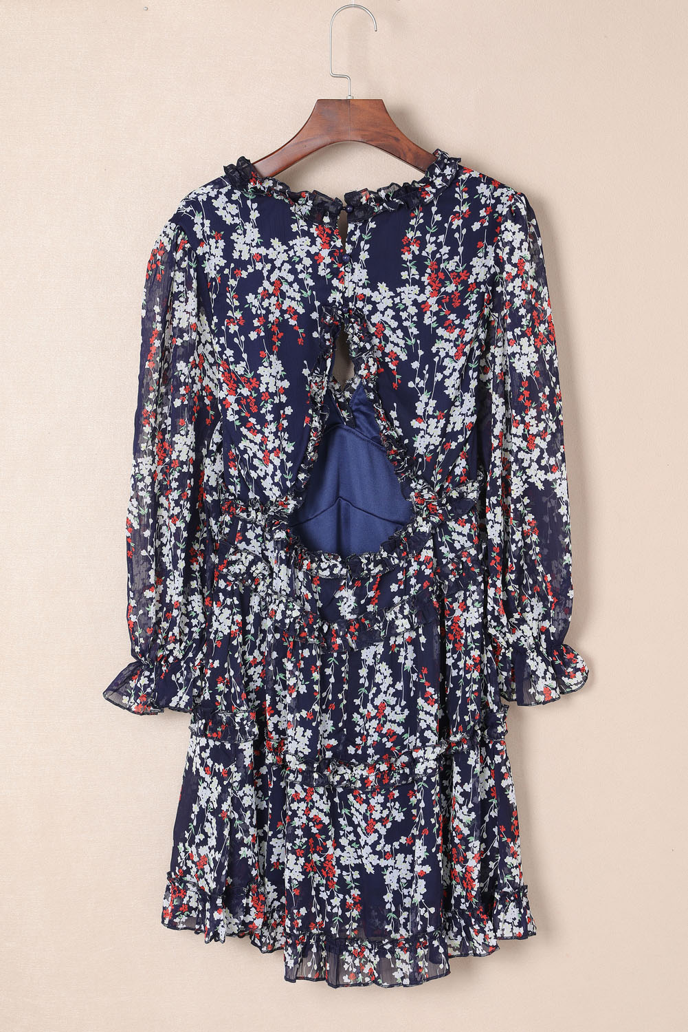 $12.98 Blue Ruffle Detailing Open Back Floral Dress Wholesale