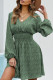 Green V Neck Balloon Sleeve Smocked Waist Printed Mini Dress