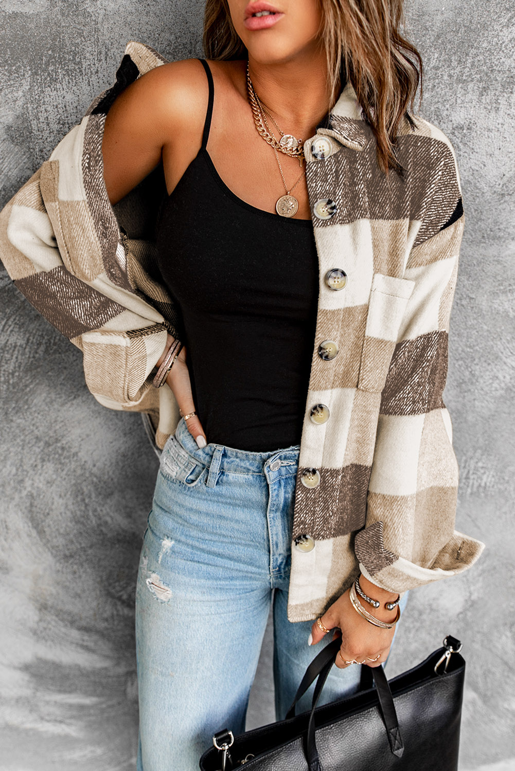 $10.6 Khaki Plaid Color Block Buttoned Long Sleeve Jacket with Pocket ...