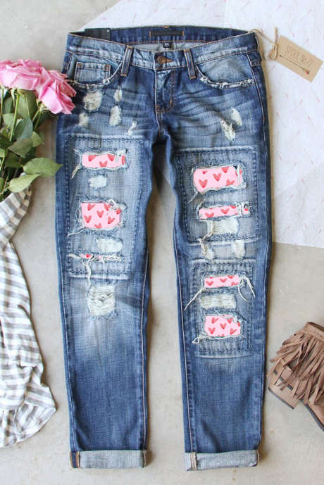 Jeans patchwork cuore blu cielo San Valentino
