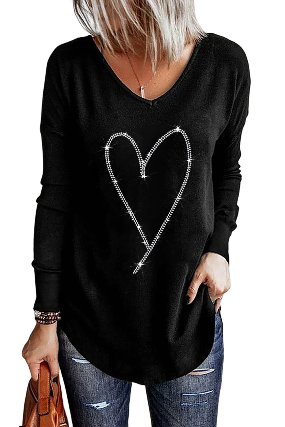 $8.3 Black Rhinestone Heart Shaped V Neck Long Sleeve Top Wholesale