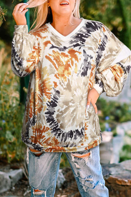 Meerkleurig tie-dye sweatshirt met V-hals in grote maten