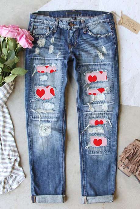 Jeans consumati patchwork cuore blu cielo San Valentino