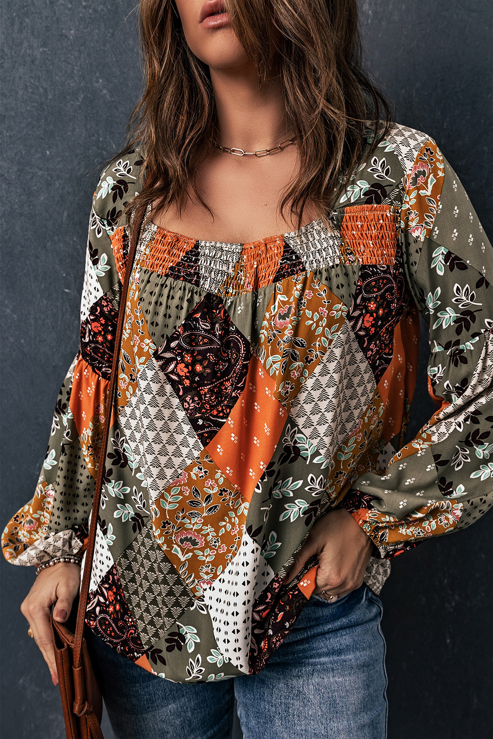 $6.5 Green Square Neck Mixed Print Blouse Wholesale