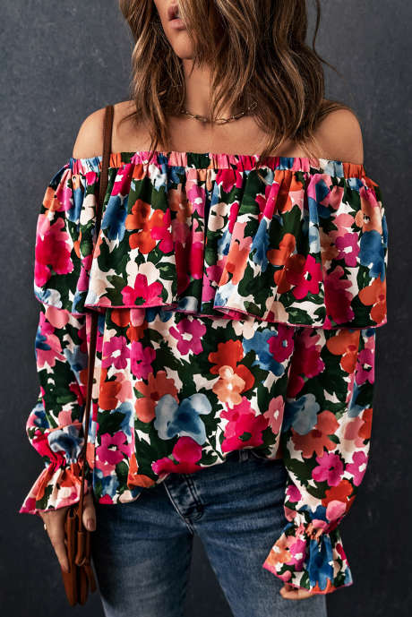 Geplooide off-shoulder blouse met bloemenprint