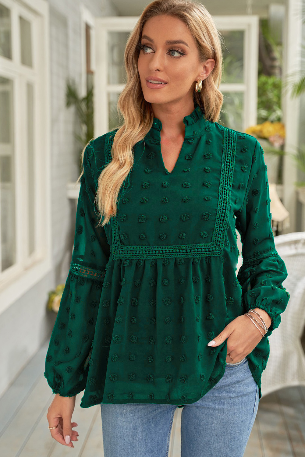 $8.4 Green Ruffled Split Neck Lace Hollow Out Puff Sleeve Polka Dot ...