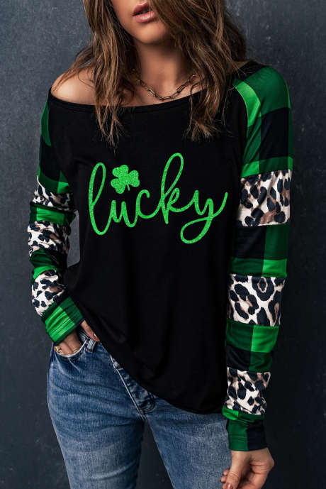 Vert Lucky Clover Glitter Graphic Leopard Plaid Splicing Top