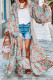 Kimono oversize a maniche lunghe con stampa floreale retrò blu cielo Boho