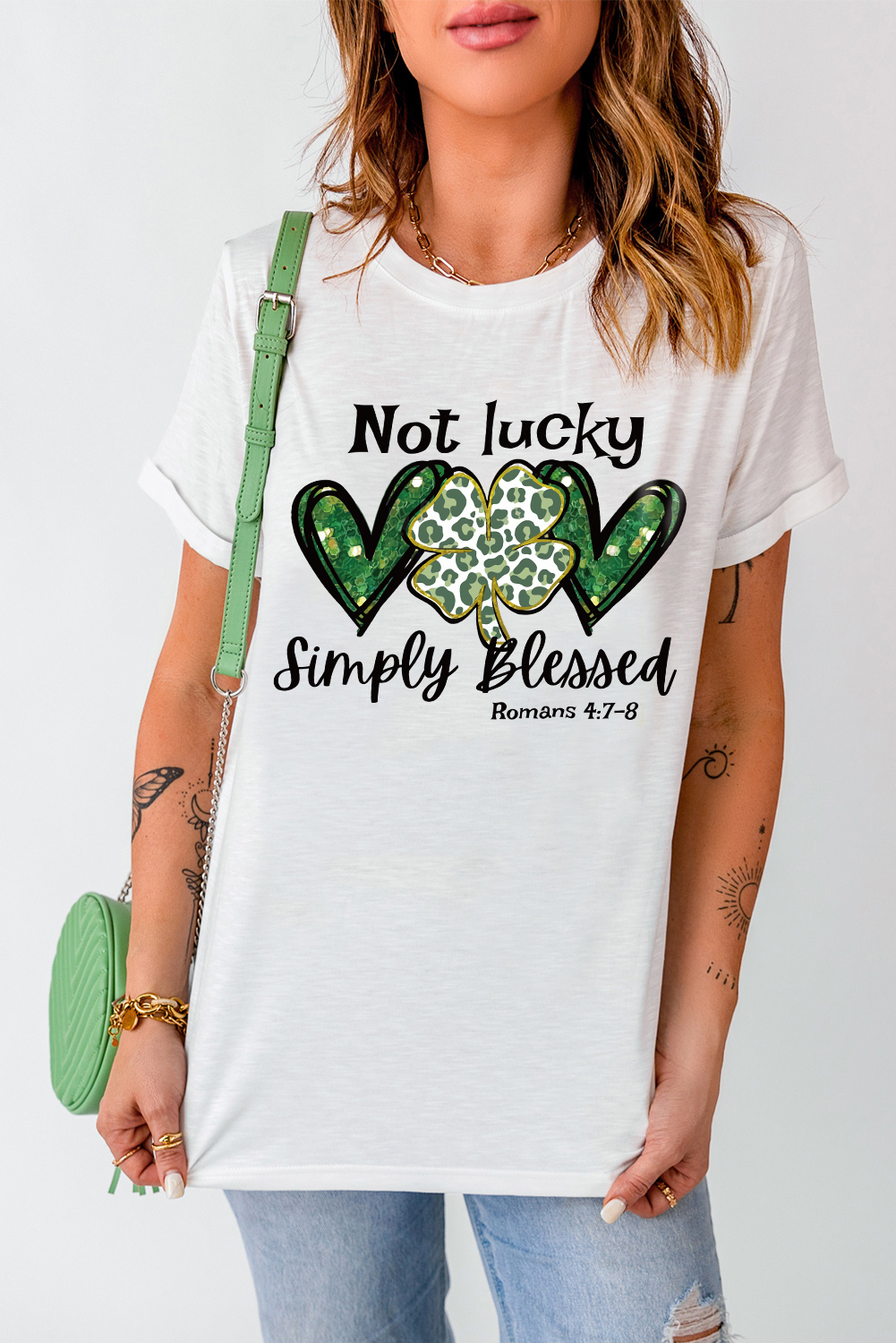 $5.57 White Heart Leopard Clover Slogan Letters Graphic Tee Wholesale