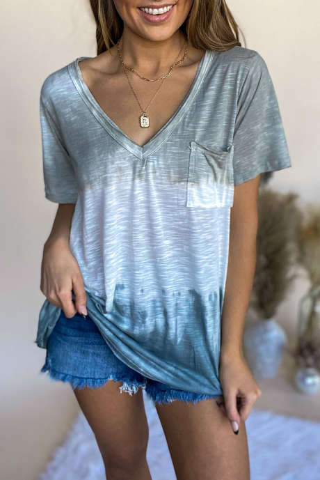 Grå Tie-dye Patch Pocket V-hals Casual Tee