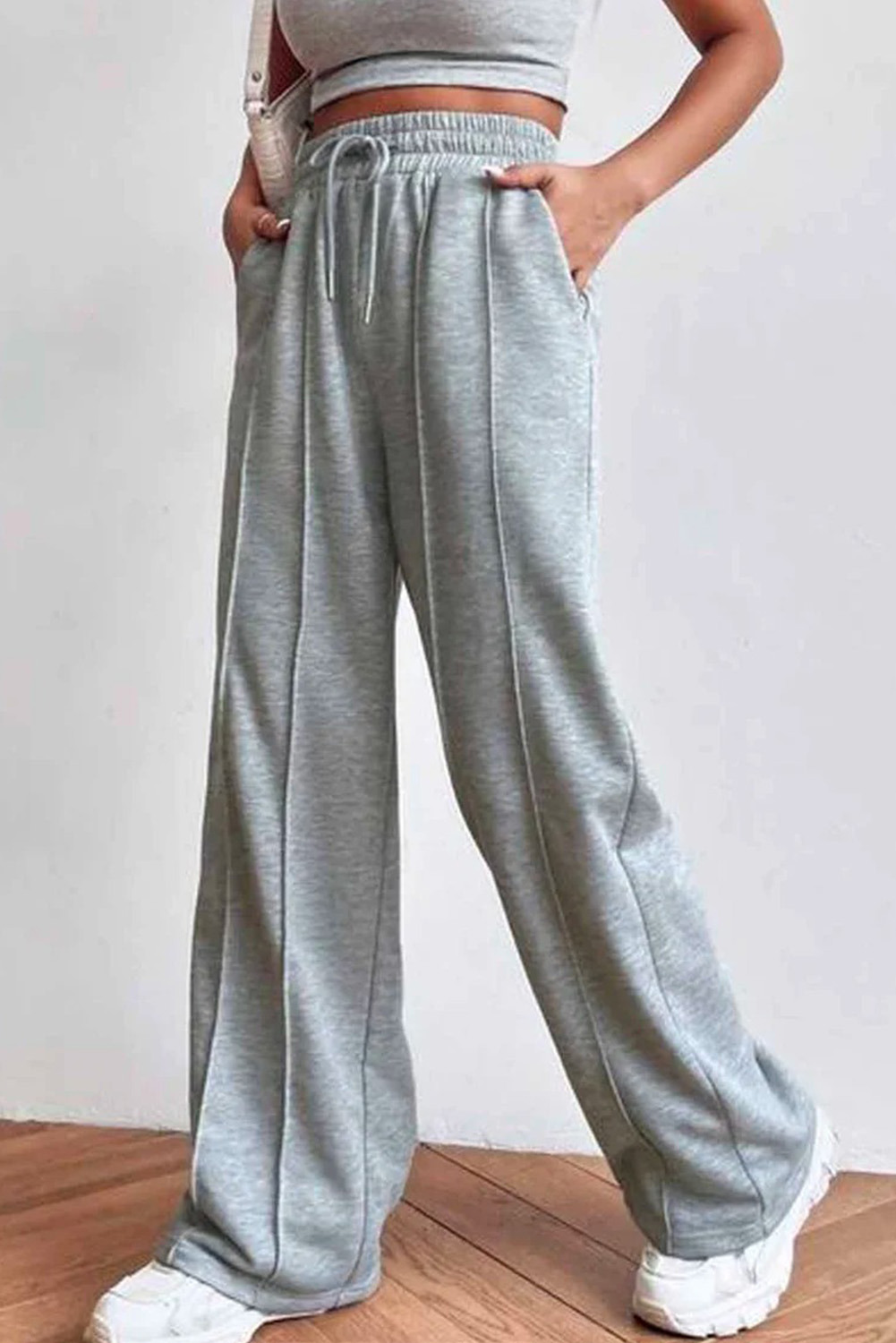 $7.59 Gray Seamed Drawstring High Waist Wide Leg Sweatpants Wholesale
